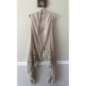 NWT Justin & Taylor Sheer Floral Embroidered Kimono Vest Cream One Size